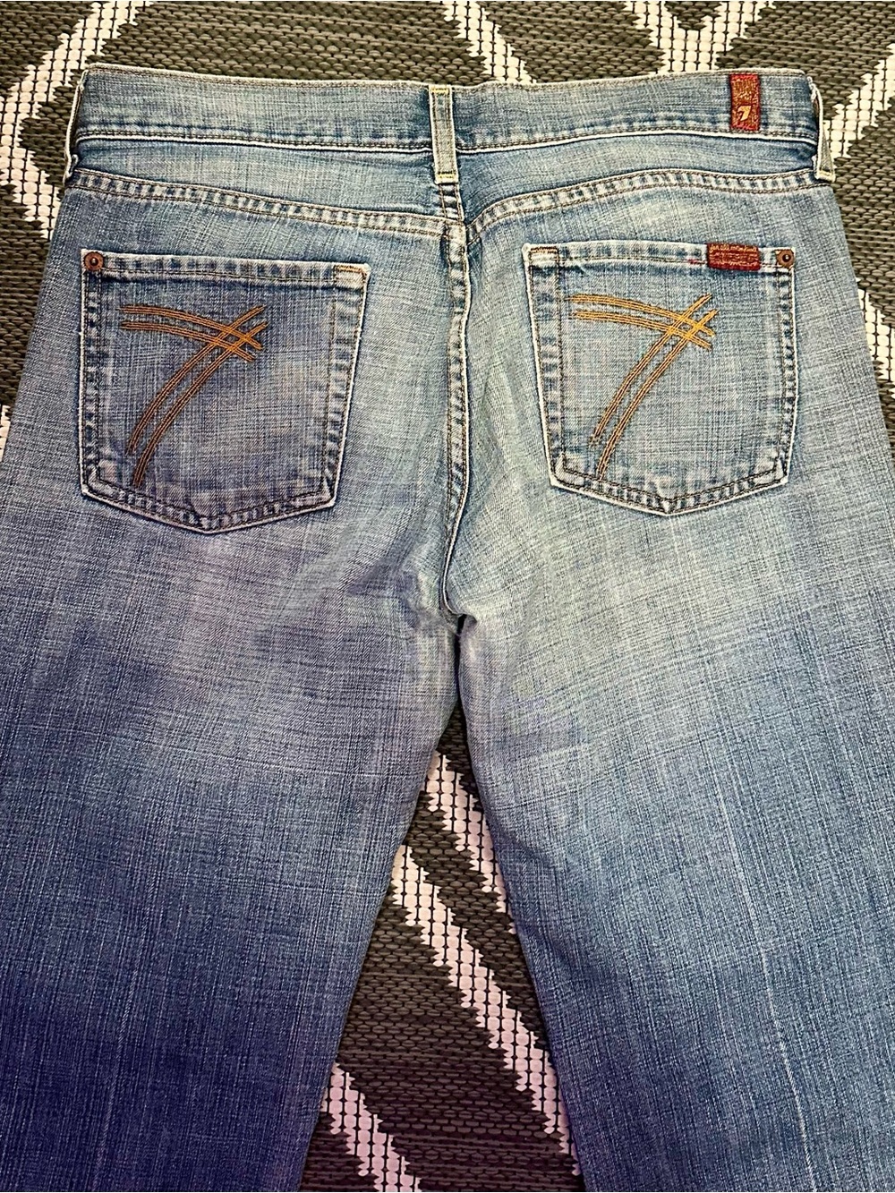 7 For All Mankind Women's Light Blue Flare Jeans with Signature Back Stitching